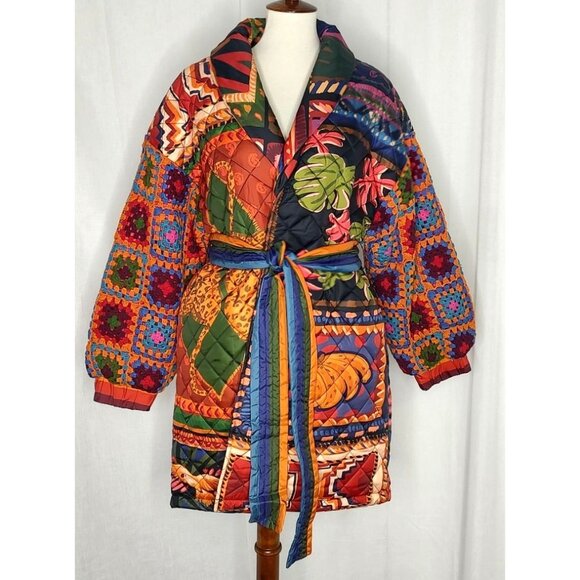 Farm Rio Crochet Sleeve Puffer Jacket Patchwork Tapestry Winter Tropical Longlin - Picture 4 of 15